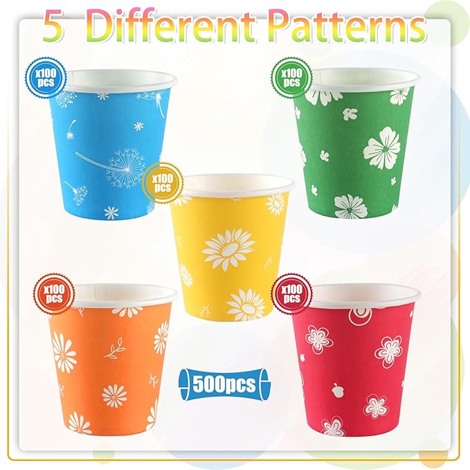 500 Pack 3oz Disposable Paper Bathroom Cups, Colourful Floral Mouthwash Cups for Mouthwash, Parties, Travel, Office, Picnic and Events