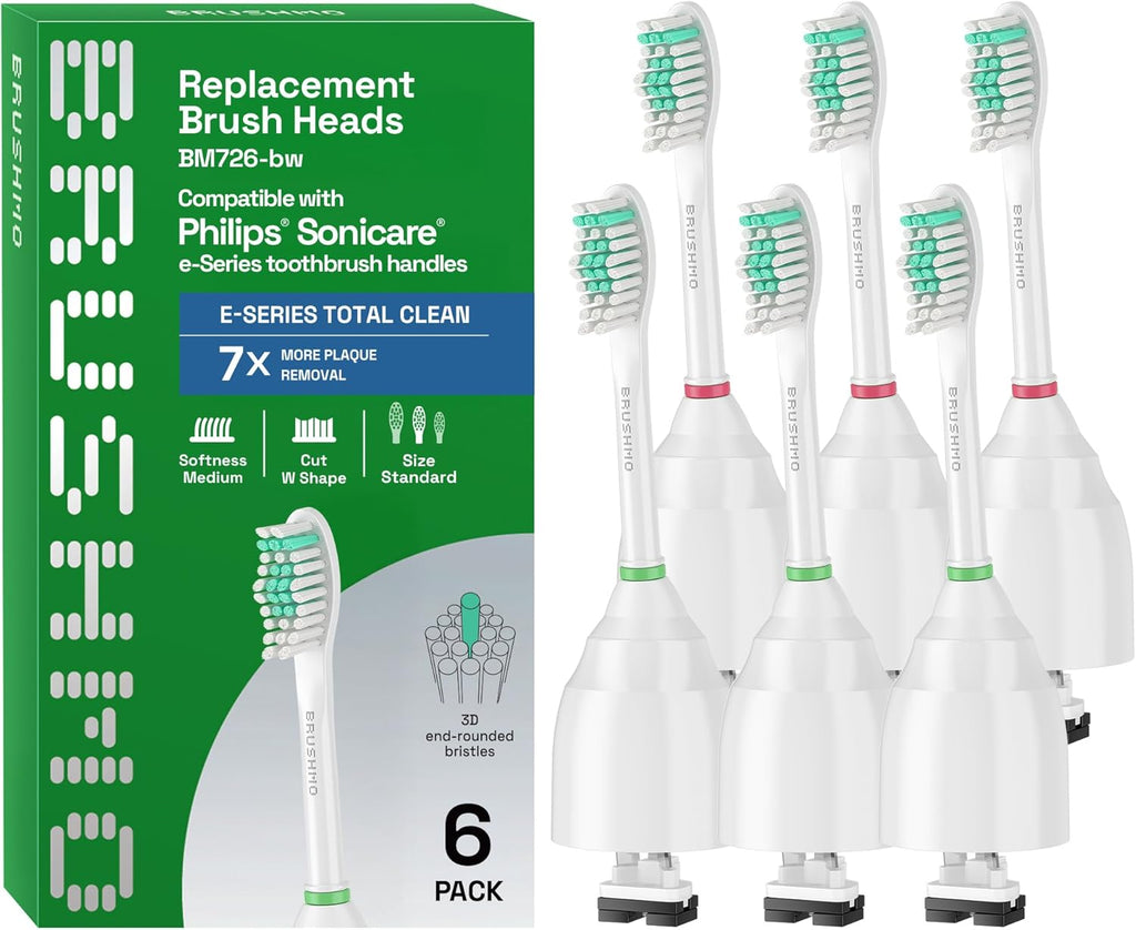 Brushmo e-Series Total Clean Replacement Toothbrush Heads, Compatible with Philips Sonicare Screw-on Electric Toothbrush Handles, 6 Standard Heads, Medium Firm Dupont Bristles, BM726-bw, White