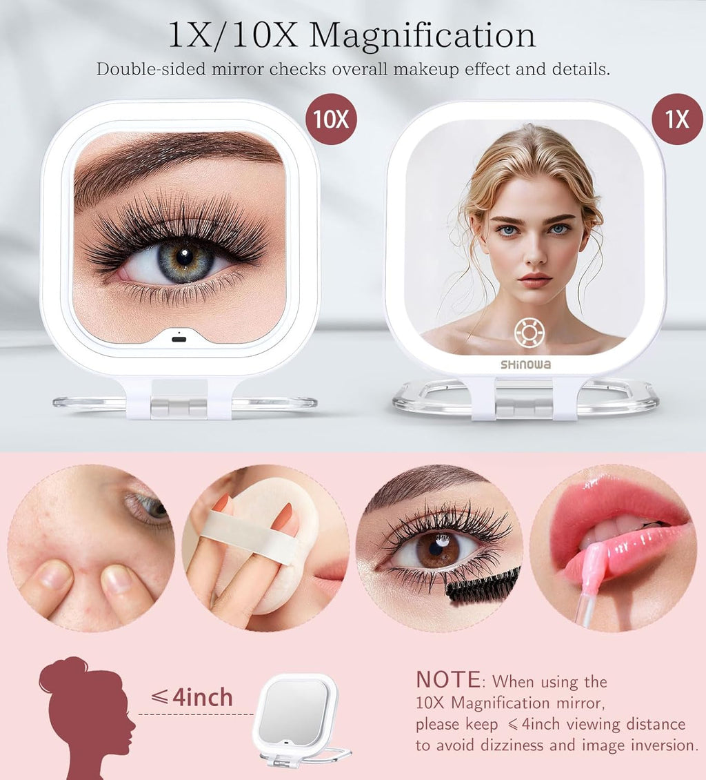 Shinowa Rechargeable Travel Makeup Mirror with 72 LED Lights, 1X/10X Magnifying Vanity Mirror with 3 Color Light, Folding Stand, 7 Inch Portable Dimmable Double Sided Compact Lighted Mirror, White