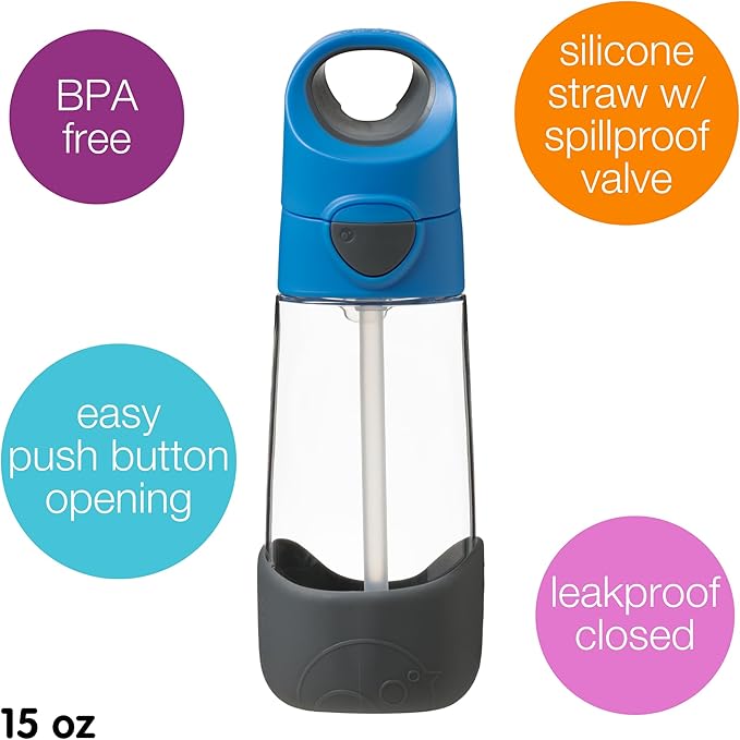 b.box 15oz Tritan Kids Water Bottle – Toddler Drink Bottle with Straw for School, Daycare, Travel w/Easy-Grip Triangular Design, Leak Proof Lid & Handle, BPA Free, Dishwasher Safe (Blue Slate)
