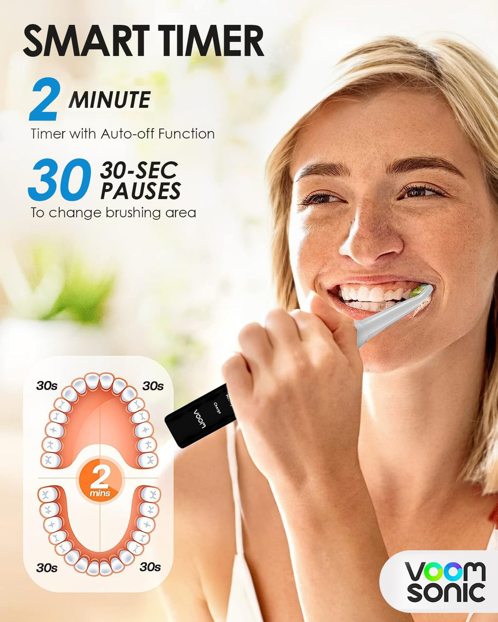 Voom Sonic Pro 3 Rechargeable Electric Toothbrush With Soft Dupont Nylon Bristles Dentist Recommended Portable Oral Care 2-Minute Timer 3 Adjustable Speeds Light Weight Design - Black