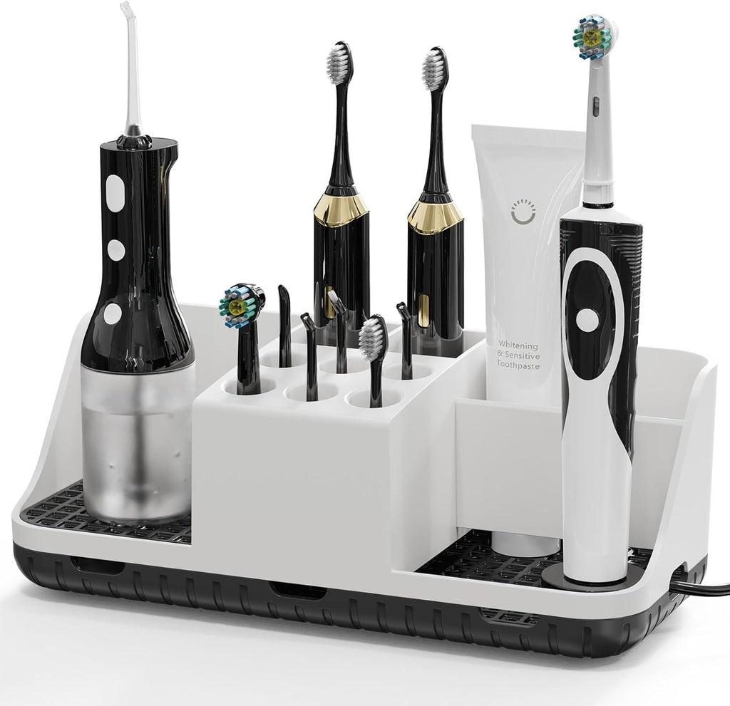 Boperzi Bathroom Counter organizers and Storage: Cord-Friendly Electric Toothbrush and Toothpaste Holder, Detachable Water Flosser & Tips Holder, Bathroom Decor and Accessories Organization Countertop