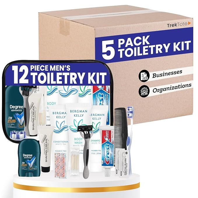 Trektote Bulk Hygiene Kit For Men – (5 Pack) 12 Piece Set Of Travel Size Toiletries, TSA Compliant, Bulk Travel Essentials, Includes Shampoo And Conditioner, Body Wash, Toiletry Bag & More