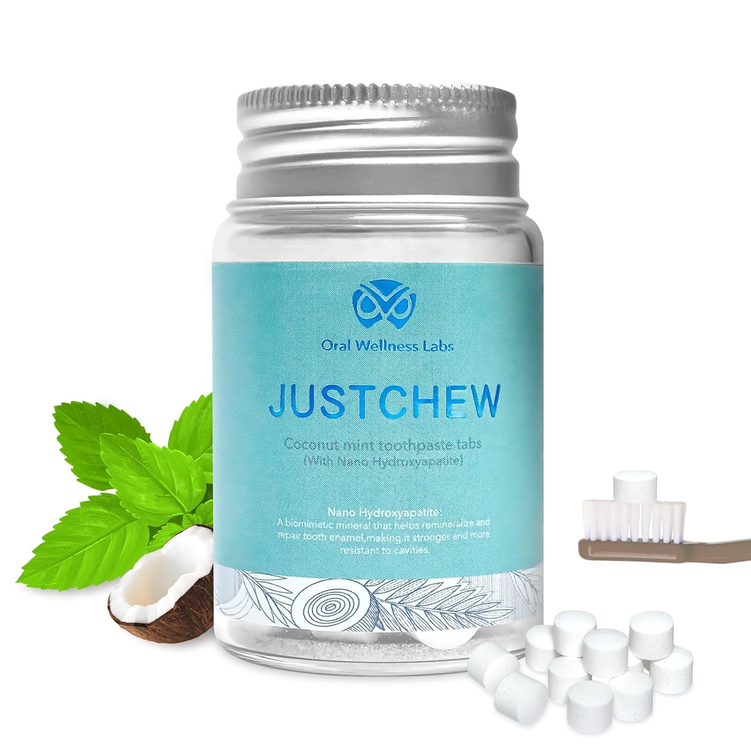 Toothpaste Tablets - Nano Hydroxyapatite,Fluoride & Plastic Free, Eco & Travel Friendly，Natural Whitening Toothpaste - Remineralize with NHA （1 Bottle / 1 Month-Coconut Mint）