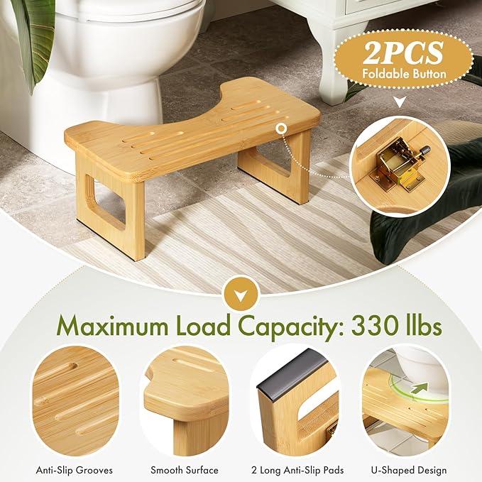 AmazerBath Bamboo Toilet Stool, Foldable Squat Potty Stool for Adults, Non-Slip Poop Stools for Bathroom, 0.59" Thickness Potty Step Stool, Poop Foot Pooping Steps for Kids, 6.8"