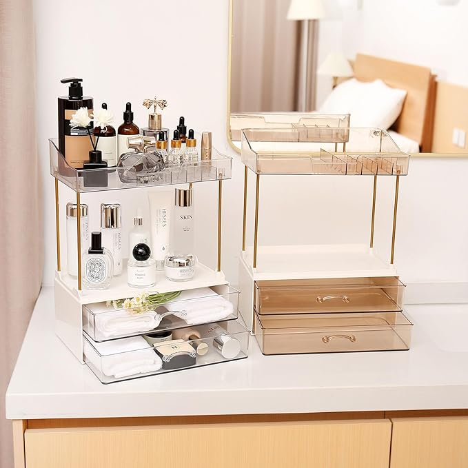 2-Tier 2-Drawer Bathroom Countertop Organizer, Multi-Purpose Makeup Organizer for Vanity, Large Skincare Countertop Organizer, Cosmetic Display Case for Dresser, Elegant Gifts for Women, Clear