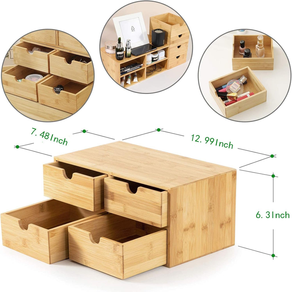 Wisuce Bamboo Desk Organizer - Mini Desktop Drawer Tabletop Storage Organization Box for Office Home Toiletries Supplies, No Assembly Required (4 Drawer)