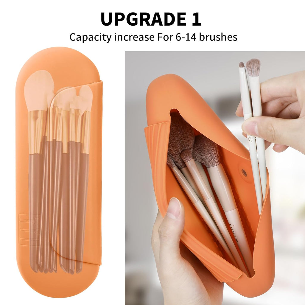 Silicone Makeup Brush Holder Travel Cosmetic Bag：Soft Portable Cosmetic Face Brushes Holder with Upgrade Anti-Fall Out Magnetic Closure, Large Travel Makeup Brush Case - Orange