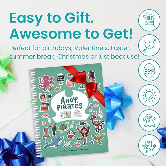 Cupkin Pirate Sticker Book Activity for Kids, Toddler Airplane Travel Essentials, 300+ Pirate Stickers for Kids + 8 Scenes + 8 Coloring Book Pages, Gift for Boys and Girls, Small Sticker Book