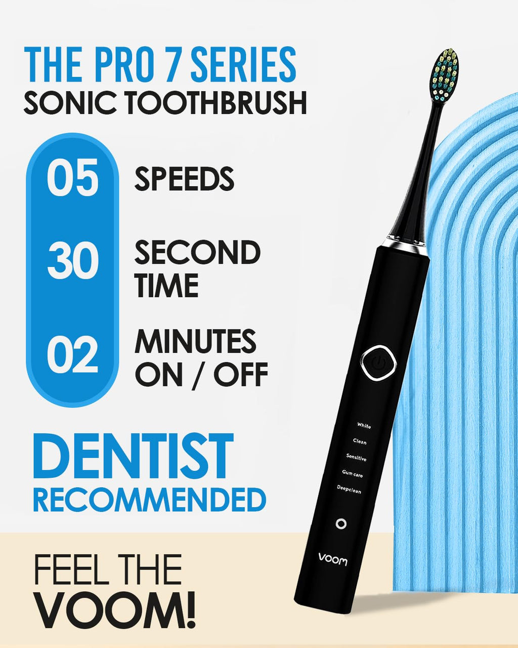 Voom Sonic Pro 7 Series Rechargeable Electronic Toothbrush, Advanced Oral Care Technology, 2-Minute Timer w/Quadrant Pacing, 5 Adjustable Speeds, Magnetic Levitation, 100% Waterproof, Black (VM-20946)