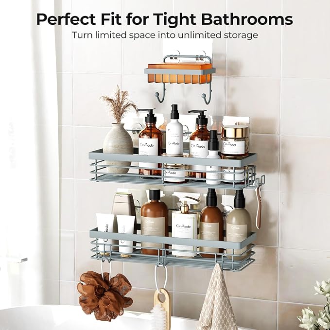 Orimade Adhesive Shower Caddy Soap Dish Holder Shelf with 5 Hooks Bathroom Organizer Basket Kitchen Storage Rack Wall Mounted No Drilling Stainless Steel - 3 Pack, Light Blue Grey