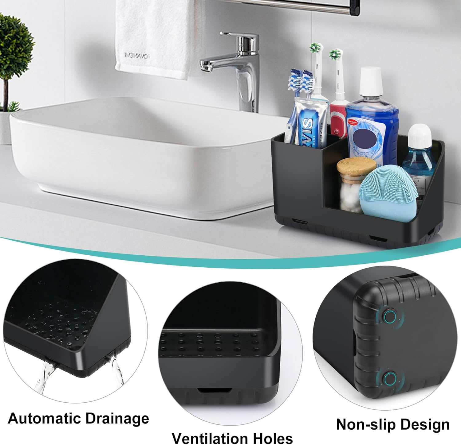 Toothbrush Holders for Bathrooms, Kids Electric Toothbrush and Toothpaste Holder, Toothbrush Organizer with Drainage, Tooth Brush Holder for Bathroom Countertop Organizer (Black)