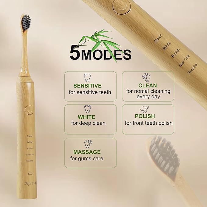 Sonic Bamboo Electric Toothbrush for Adults - Rechargeable Electric Bamboo Toothbrush -4 Pack Soft Brush Heads-Plant-Based Bristles | 5 Cleaning Modes Long-Lasting Battery