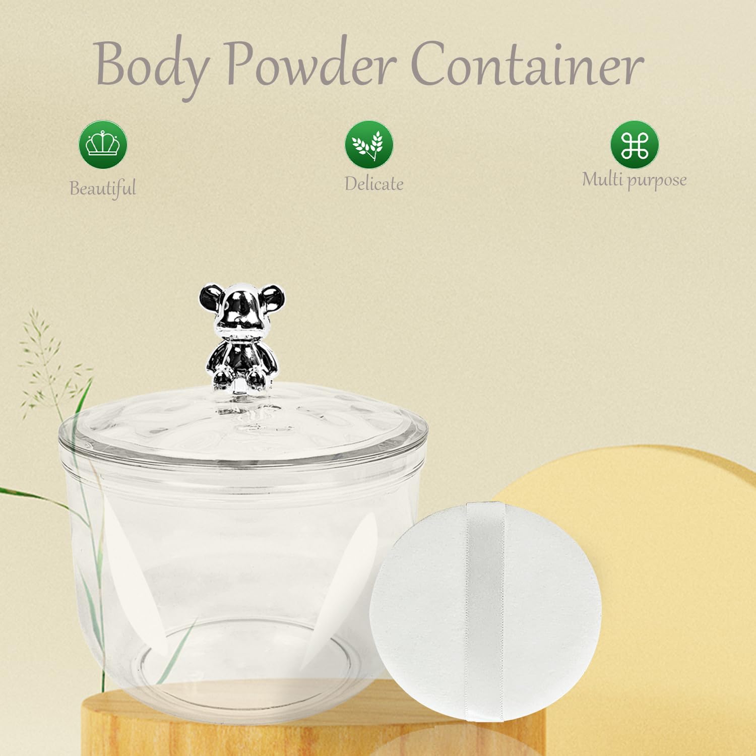 3 Pcs Body Face Plastic Powder Puff and Container Dish with Fluffy Soft Large Powder Puff for Women(Bear Shape)