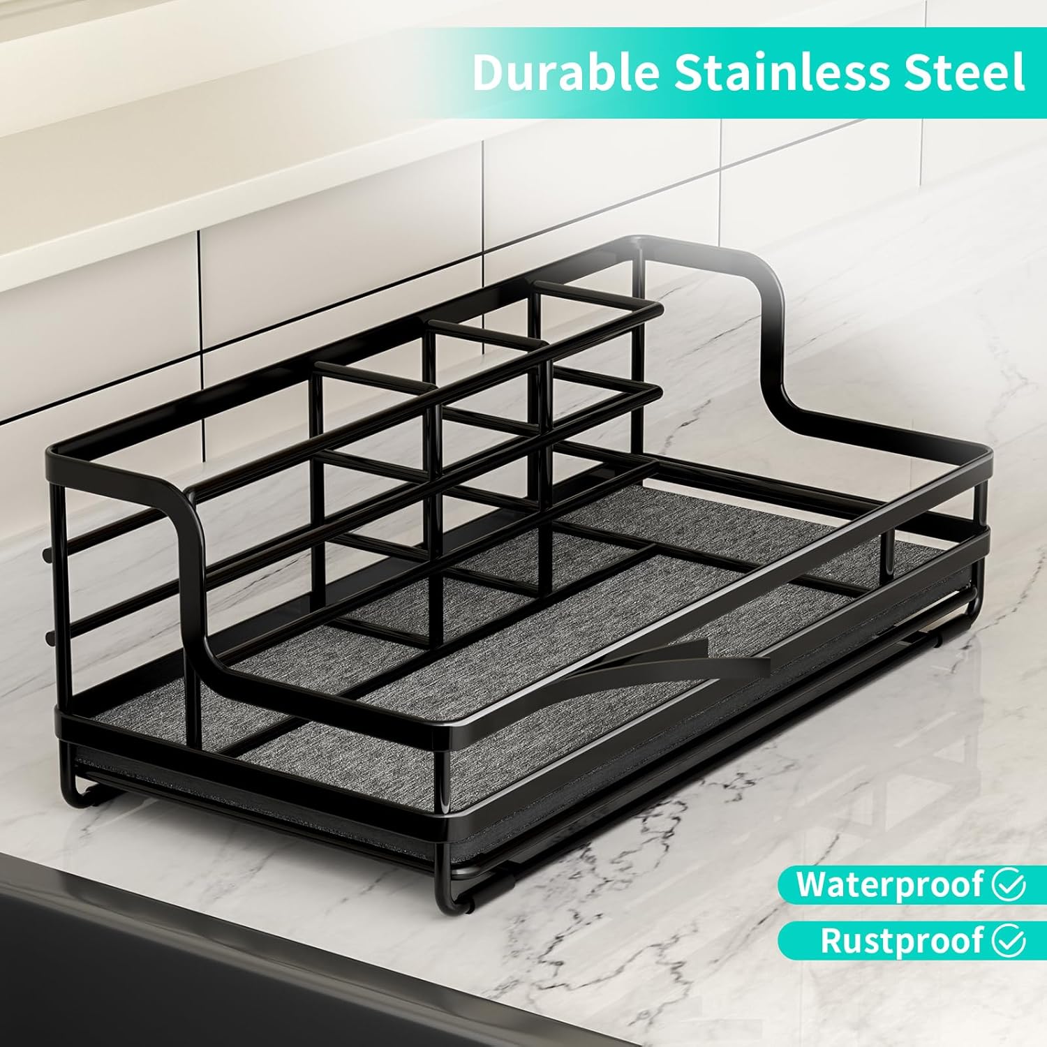 HapiRm Toothbrush Holders for Bathroom - 5 Partitions Bathroom Counter Organizer with Instant Drying Stone, Stainless Steel Countertop Storage Electric Toothbrush Toothpaste Holder - Black