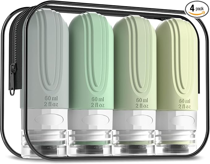 Travel Bottles for Toiletries, Tsa Approved 2oz Travel size Bottles, BPA Free Leak Proof Travels Toiletry Containers, Traveler Accessories with Toiletry Bag for Shampoo Liquid (4 Pack)