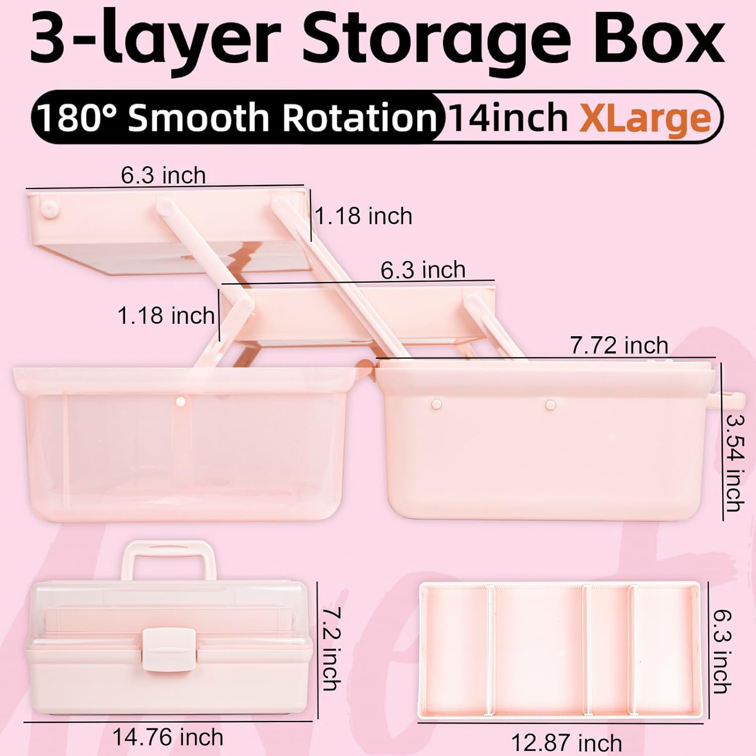 14in 3-Layer Multipurpose Craft Organizers and Storage with Adjustable Dividers, Portable Tackle Box, Folding Art & Craft Case for Medicine, Tool, Sewing Organizer (Pink, X-Large)