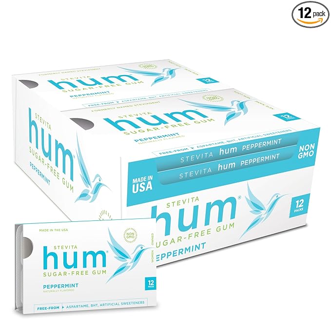 Stevita Hum, Peppermint - Sugar-Free Gum - 12 Pieces, Pack of 12 - Supports Oral Health - Non-GMO, Vegetarian, Keto, Gluten Free (Package may vary)