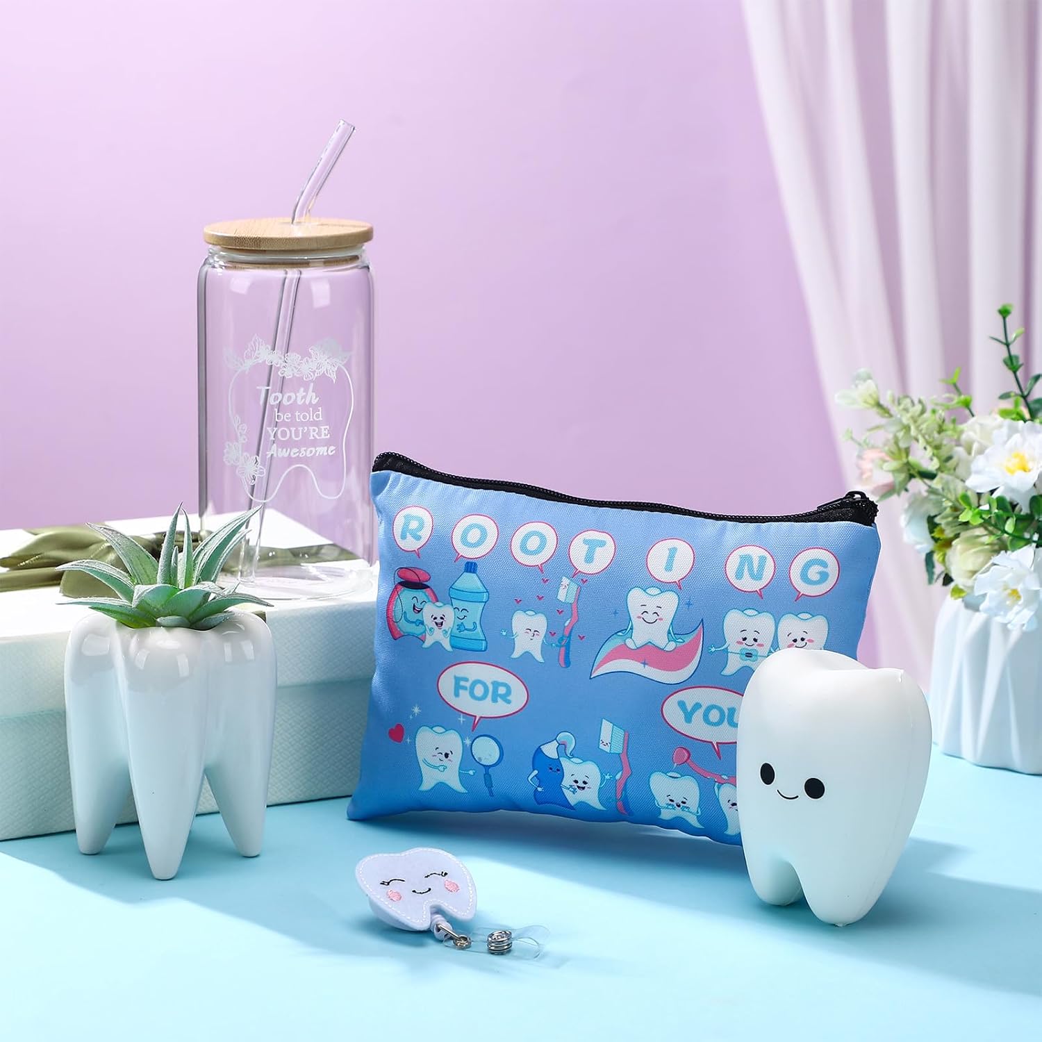 Pickmesh 6 Pcs Dental Gifts Dentist Assistant Hygienist Gifts 16 oz Glass Cups with Lid Makeup Bag Socks Badge Holder Tooth Brush Pot for Women Coworkers Doctor Nurse Christmas Accessories(Gray Blue)