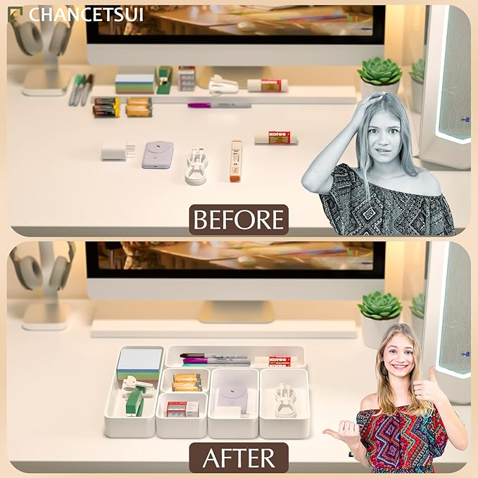 Organizer Drawer, Storage Plastic Desk Bins Stackable Organizers Tray, Bathroom Dividers Small Makeup Bin Clothes Organizing Trays for Containers Vanity Office Cabinet Desktop Compartment, White