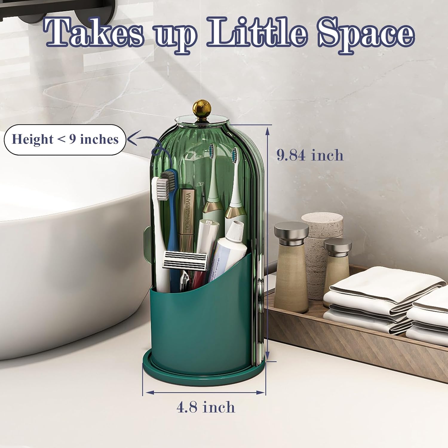 Dustproof Toothbrush Holders with Cover, Rotating Electric Toothbrush and Toothpaste Holder for Bathroom Countertop, 3 Slots Makeup Brushes Organizer, All Green