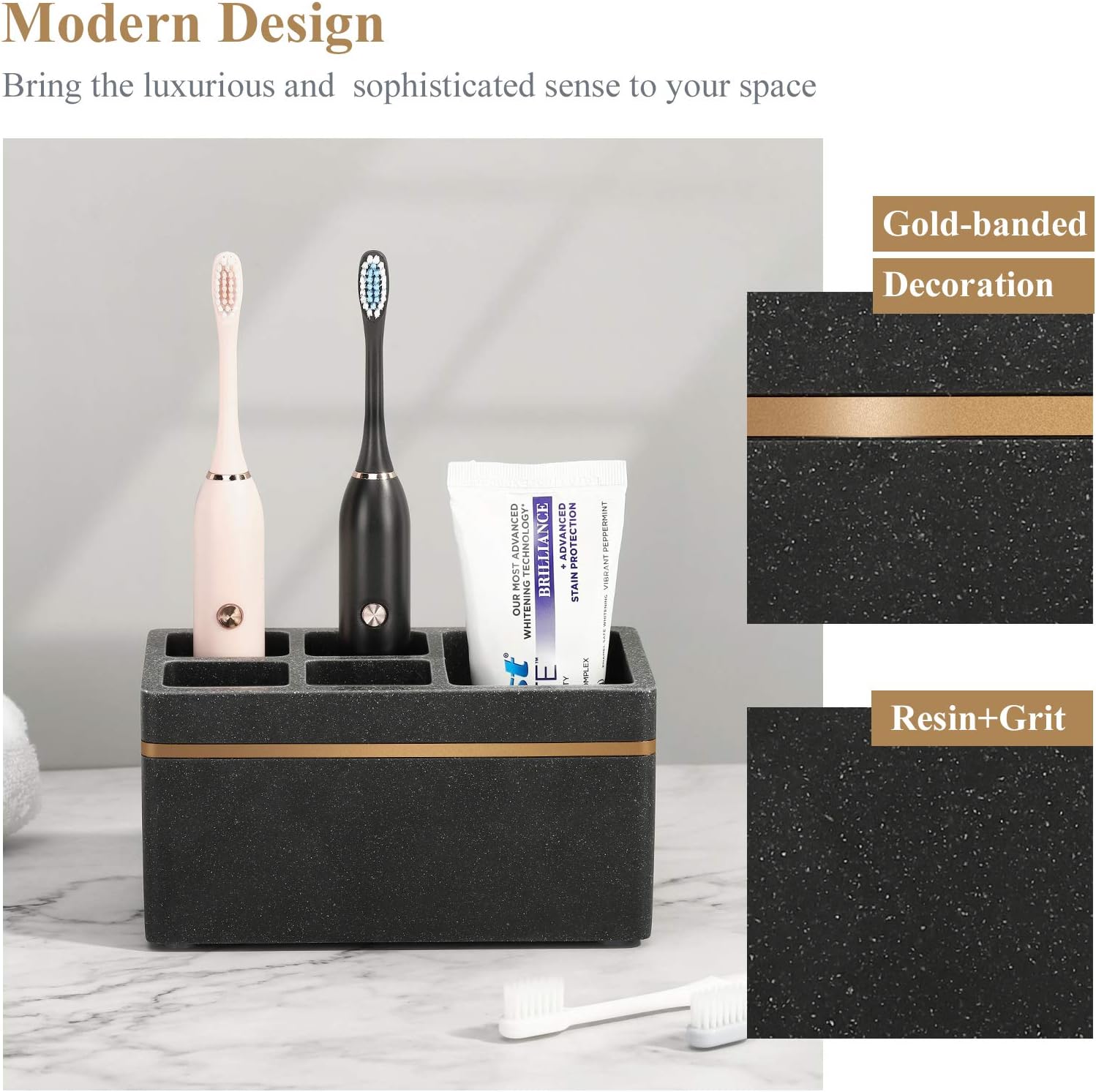 Shinowa Resin Toothbrush Holder, 5 Slots Hygienic Electric Toothbrush Holder Storage Stand Organizer for Toothbrush, Toothpaste, Razor, Gravel Black