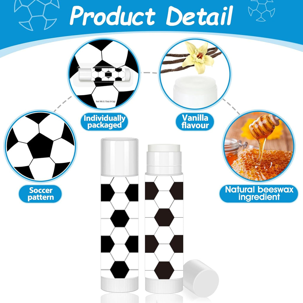 24 Pack Soccer Lip Balm for Soccer Theme Party Bulk Gifts,Beeswax Moisturizing Lip Balm,Vanilla Flavor Plumping Chapstick for Soccer Team Girls kids Men Women Sports Lovers