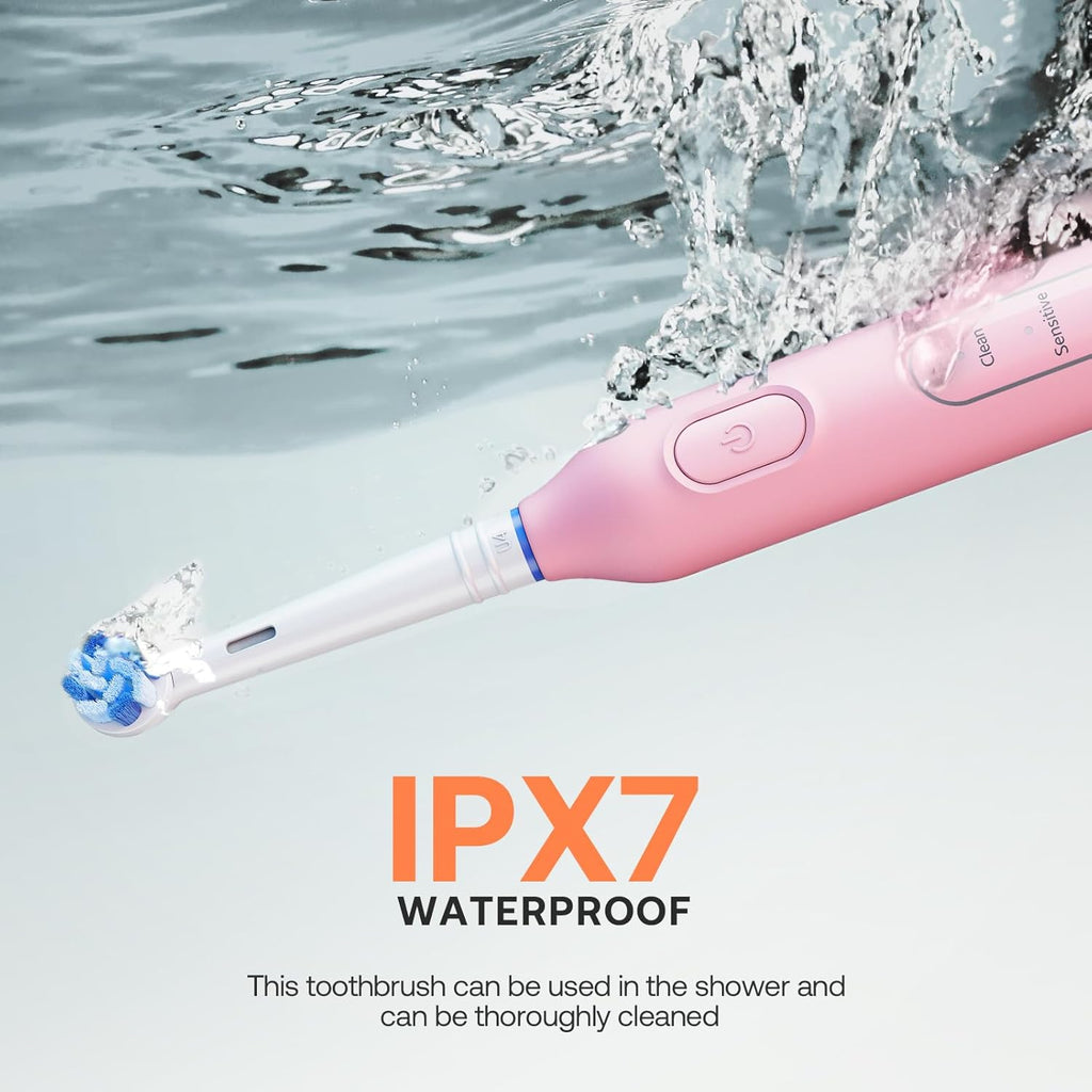 Bitvae Rotating Electric Toothbrush 2 Packs for Adults and Kids, 8 Brush Heads 60-Day Battery Life, 5 Modes Power Toothbrush with 2-Minute Smart Timer, Black & Pink, R1