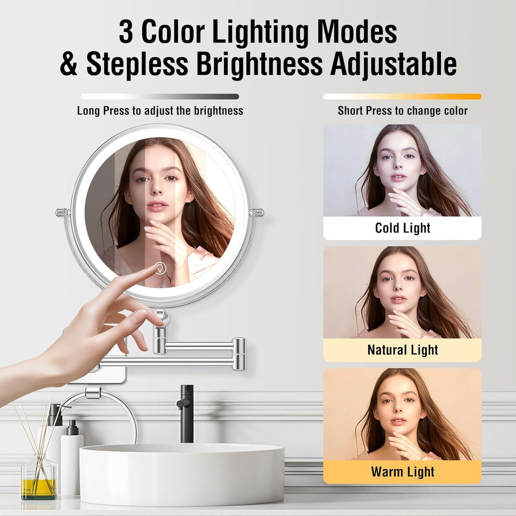 10x Large Wall Mounted Makeup Mirrror, Height Adjustable Lighted Mirror, 8" Double Sided Mirror, 1X/10X Magnifying Bathroom Mirror, 360° Rotation Adjustable, Detachable Ring, 3 Color Lights