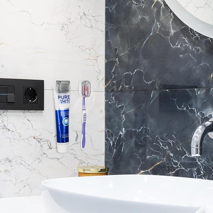 2Pack Toothbrush Holder Wall Mounted with Cover for Bathroom, Toothbrush Storage Organizer for Shower, Self Adhesive Toothbrush Hanger with Toothpaste Clip (Grey)