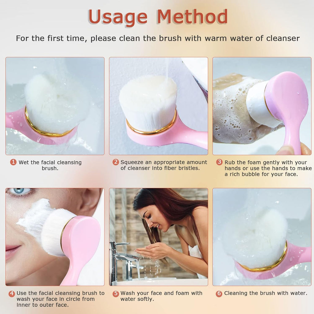 2 Pack Soft Bristle Facial Cleansing Brush for Deep Pore Cleaning, Face Exfoliating Scrub Brush for Face Cleansing Skincare Massaging (Pink and Jade White)