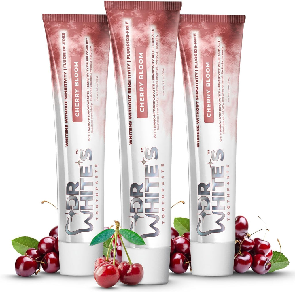 Dr. White’s Fluoride-Free nHA Toothpaste 3-Pack; Dentist-Formulated, Nano Hydroxyapatite + Xylitol, Sensitivity Relief Complex™, Mint-Free, Enamel Safe, Swallow-Safe (3.5 Oz, Cherry Bloom)