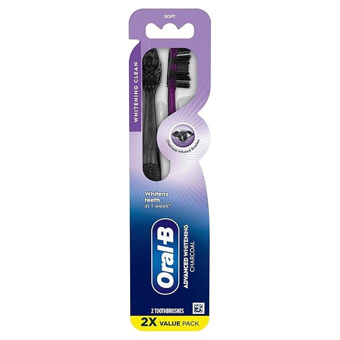 Oral-B 3D White Charcoal toothbrush, 2 count SOFT manual tootbrush pack, Whitens teeth, removes plaque and stains, tongue scraper tooth brush