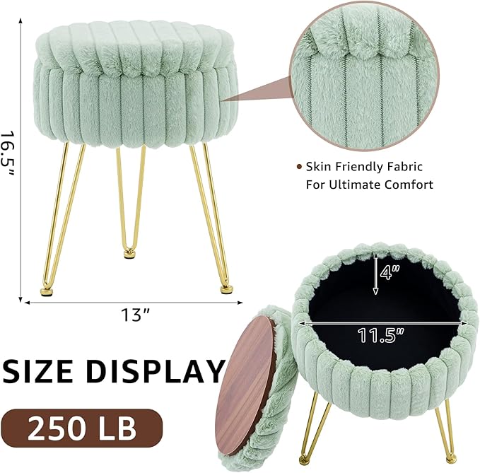 Wimarsbon Vanity Stool with Storage, Faux Fur Ottoman Chair with Metal Legs, Round Makeup Vanity Chair for Bedroom or Dressing Table, Modern Small Ottoman Seat (Green)