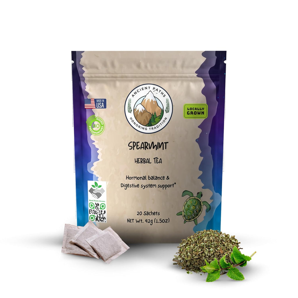 Ancient Paths Spearmint Herbal Tea - Hormone Balance & Gut Support - 100% Pure Dried Spearmint Leaves - Caffeine-Free Tea - Sustainable Tea Bags & USA Grown (20 Sachets)