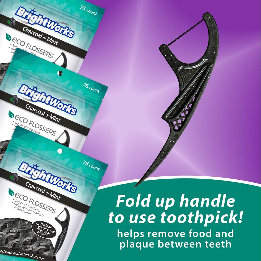 Brightworks ECO Sustainable Floss Picks - 225 Count - PFAS Free - Made in USA Charcoal + Mint Infused 100% Post-Consumer Recycled Plastic with Micro-Crystals for Oral Care Hygiene Gum Health