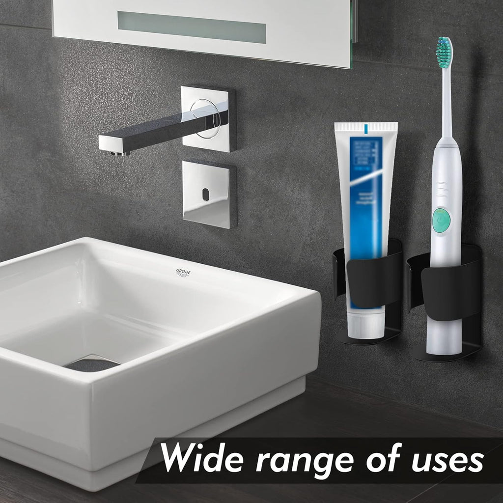 Electric Toothbrush Holder Wall Mount, 304 Stainless Steel Self-Adhesive Bathroom Organizer for Electric Toothbrush, Toothpaste & Face Wash–Space Saving, Waterproof, Holds Up to 10lbs (2 Pack, Black)