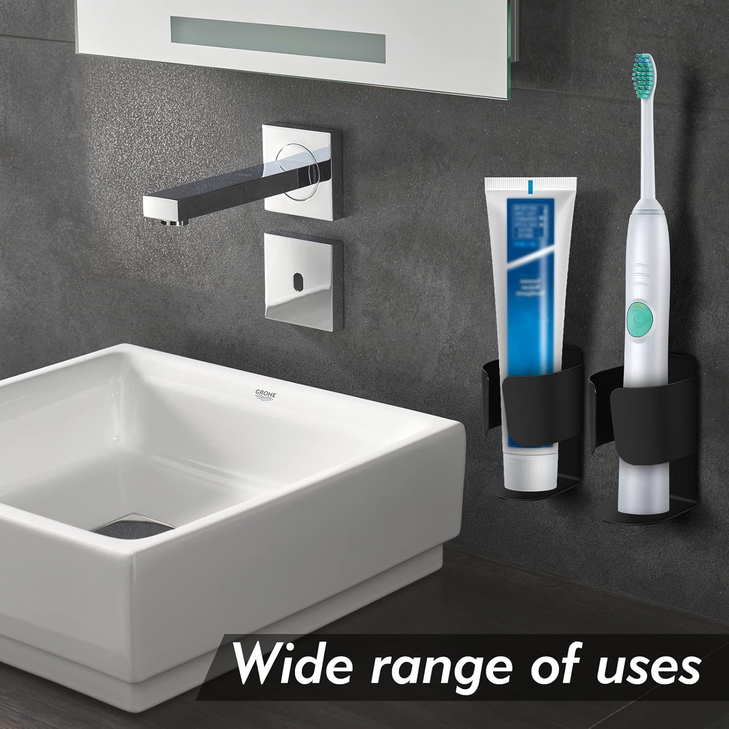 Electric Toothbrush Holder Wall Mount, 304 Stainless Steel Self-Adhesive Bathroom Organizer for Electric Toothbrush, Toothpaste & Face Wash–Space Saving, Waterproof, Holds Up to 10lbs (2 Pack, Black)
