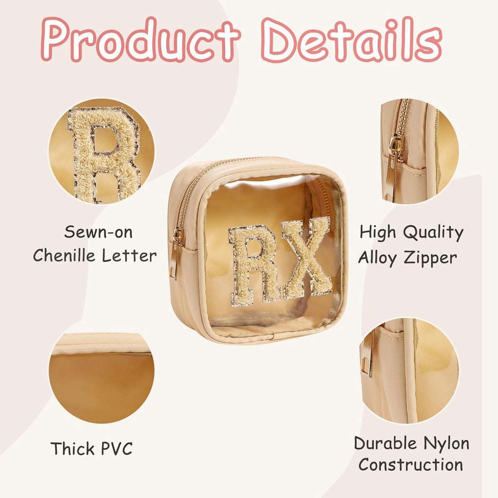 Small Chenille Letter Clear Medicine Makeup Bags,Nylon PVC Waterproof Rx Pouch with Metal Zipper, Cute Drug First Aid Travel Organizer for Women Girls(07Khaki)