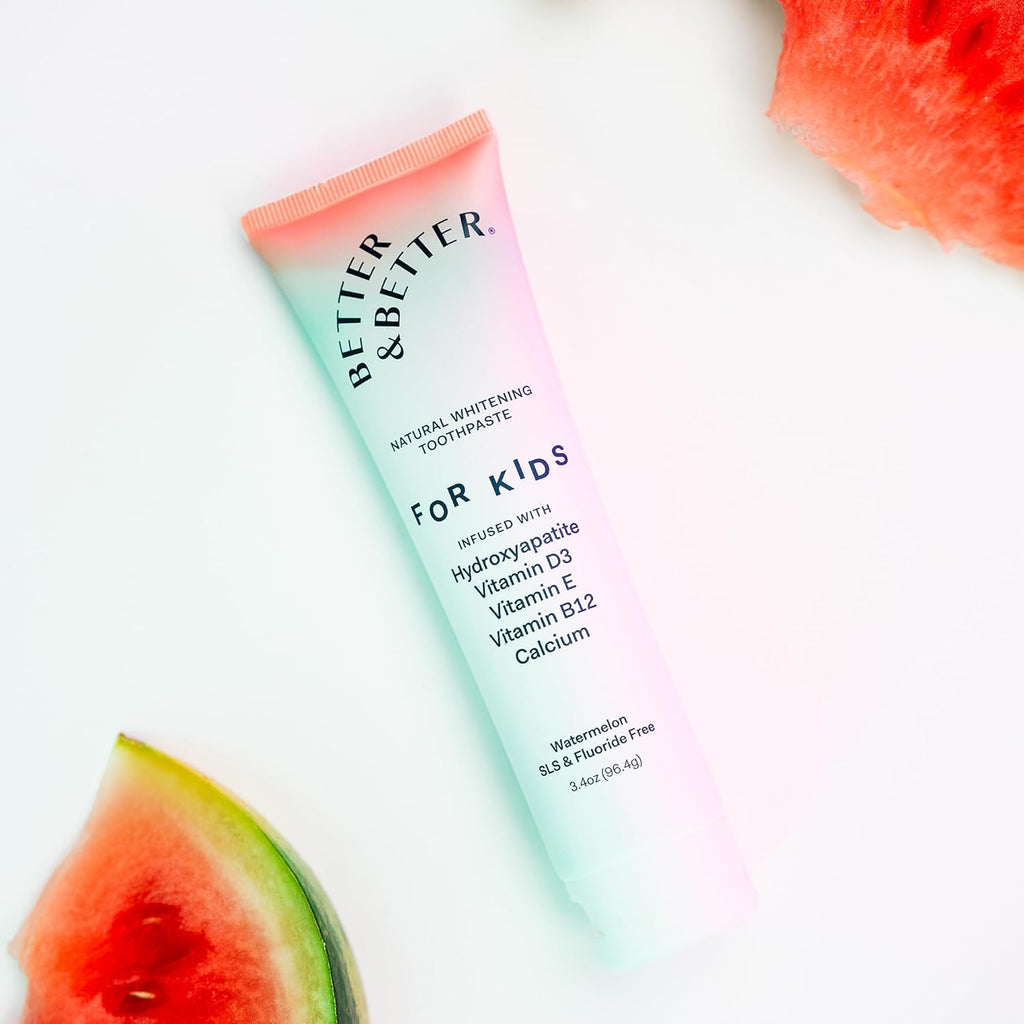 Better & Better Kids Toothpaste | Natural Hydroxyapatite Toothpaste Infused w/Calcium & Vitamins D, E, B12 | Fluoride & SLS Free for Sensitive Brushers | Watermelon Flavor | 3.4oz, 3 Pack