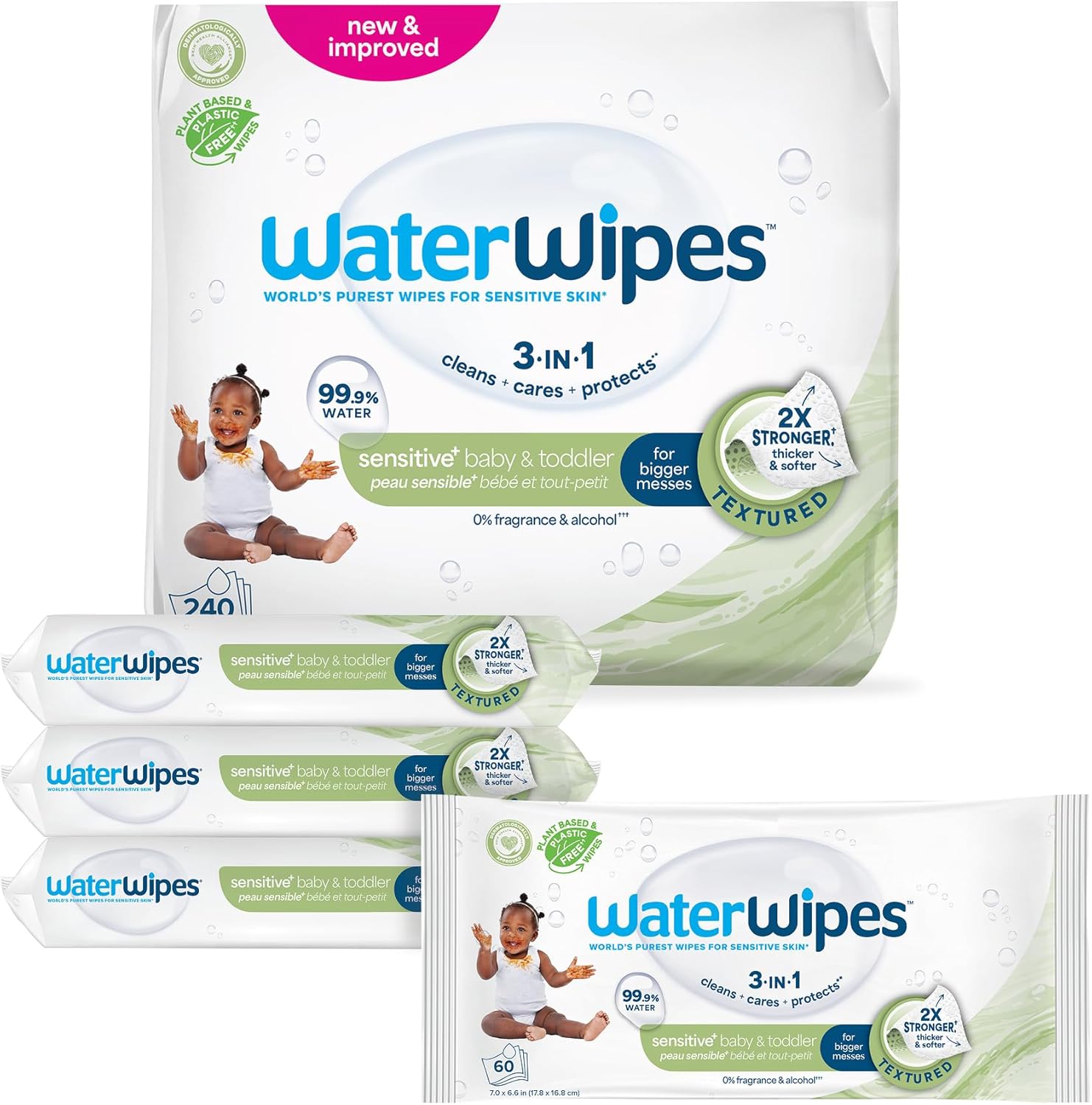 WaterWipes Sensitive+ Baby & Toddler Wipes, 3-In-1 Cleans, Cares, Protects, 99.9% Water, Textured Clean, Unscented & Hypoallergenic, 240 Count (4 Packs)