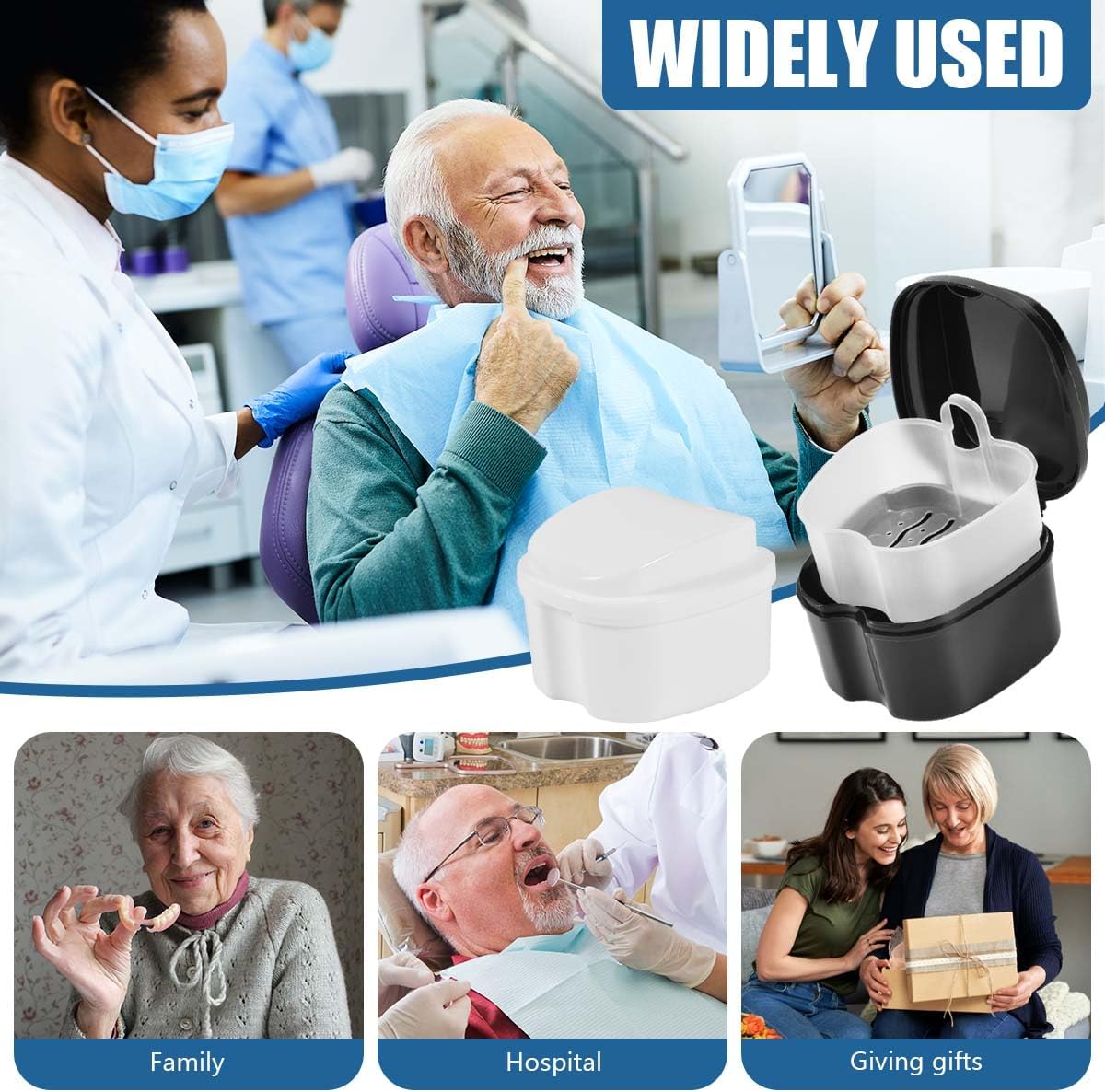 2 Pack Colors Denture Bath Case Cup Box Holder Storage Soak Container with Strainer Basket for Travel Cleaning (White and Black)