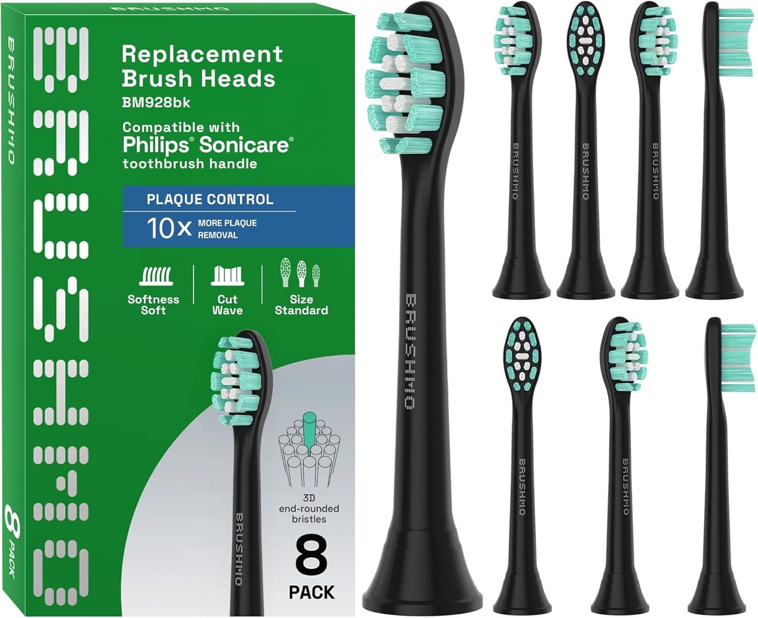 Brushmo Plaque Control Replacement Toothbrush Heads, Compatible with Philips Sonicare Click-on Electric Toothbrush Handles, 8 Standard Replacement Heads, SoftDuPont Bristles, BM928bk, Black