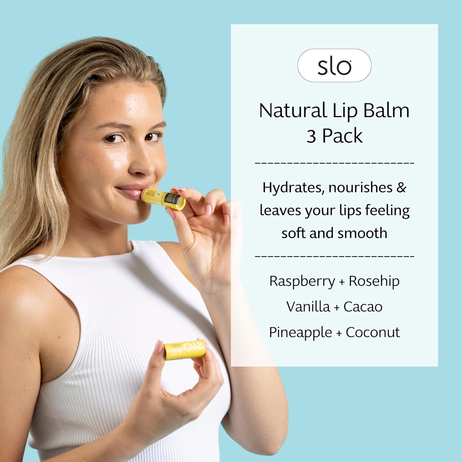 Slo | Natural Lip Balm - All Natural Ingredients, Vegan & Cruelty Free, Hydrating & Soothing, Plastic Free | Raspberry + Rosehip & Vanilla + Cacao & Pina Colada + Zinc | 3 Pack (3 x 0.28oz/8g)