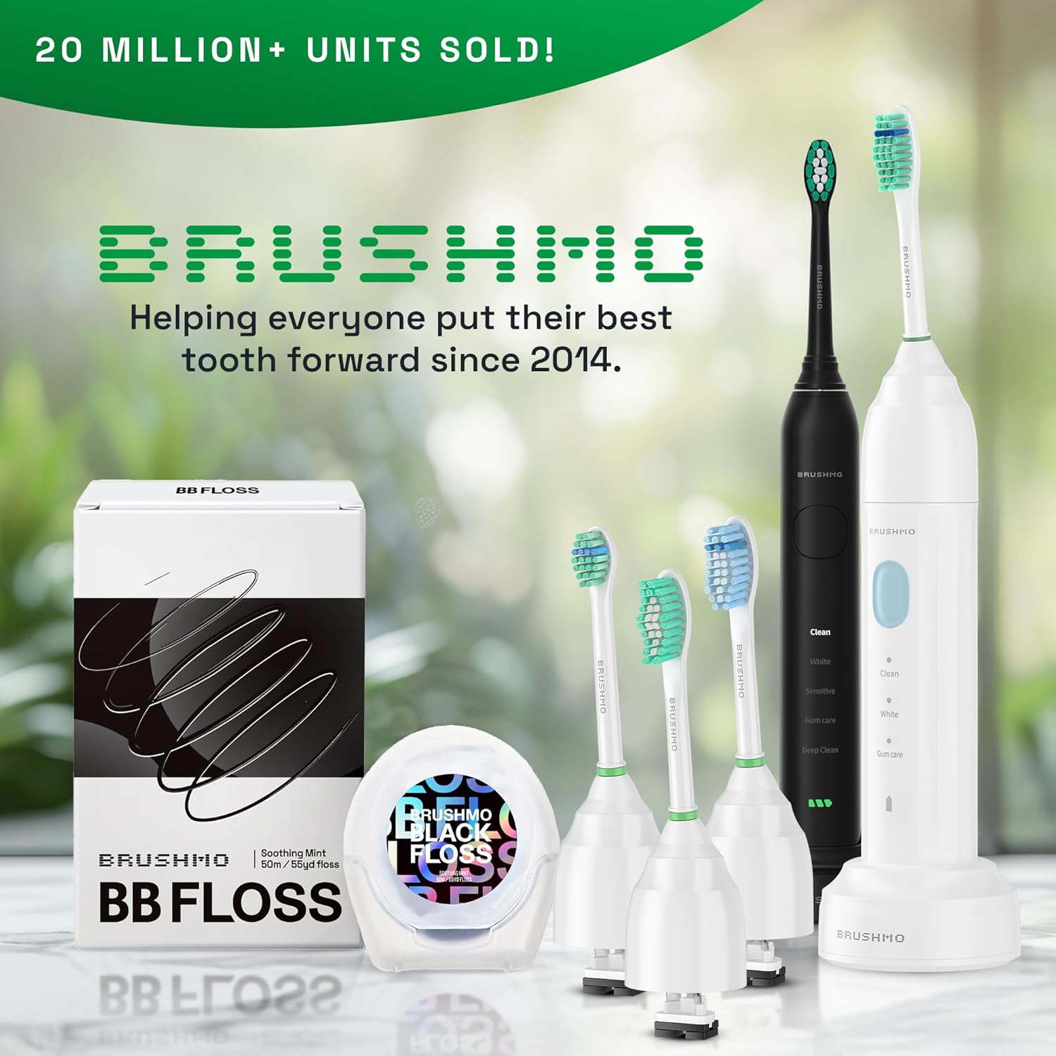 Brushmo e-Series Total Clean Replacement Toothbrush Heads, Compatible with Philips Sonicare Screw-on Electric Toothbrush Handles, 6 Standard Heads, Medium Firm Dupont Bristles, BM726-bw, White