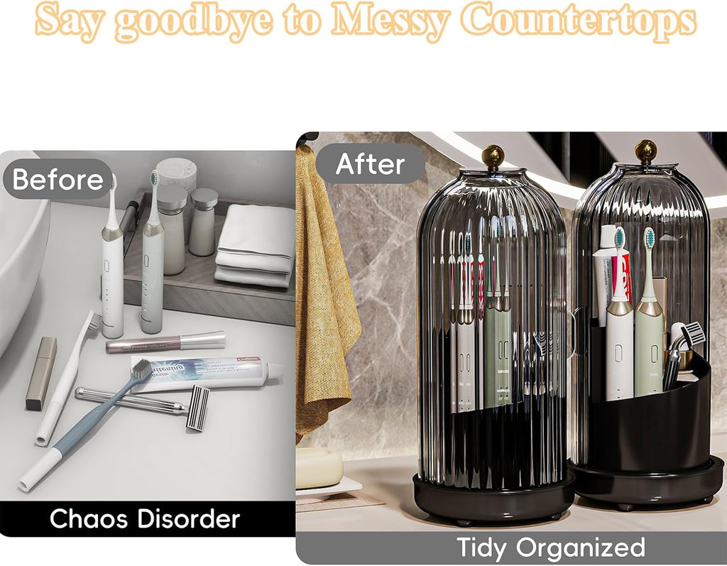 Toothbrush Holders with Cover, Drainage Rotating Electric Toothbrush Organizer, 3 Slots Tooth Brush Holder for Bathroom Counter, Gray Black