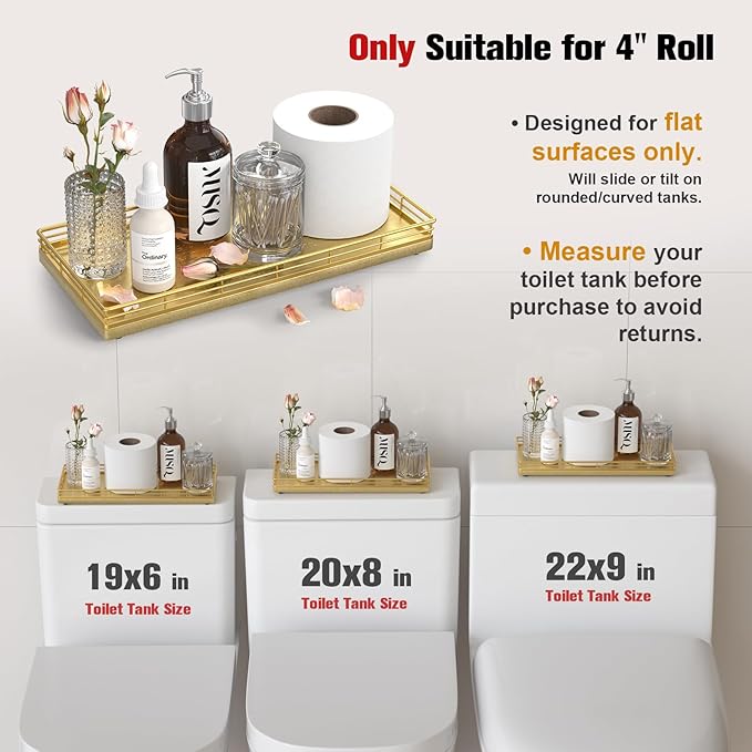 Oak Bathroom Toilet Tank Tray, 13" Wood Toilet Paper Storage Basket Back of Toilet Basket Organizer, Vanity Tray for Perfume Makeup Candle Kitchen Counter Coffee Table Decor, Gold