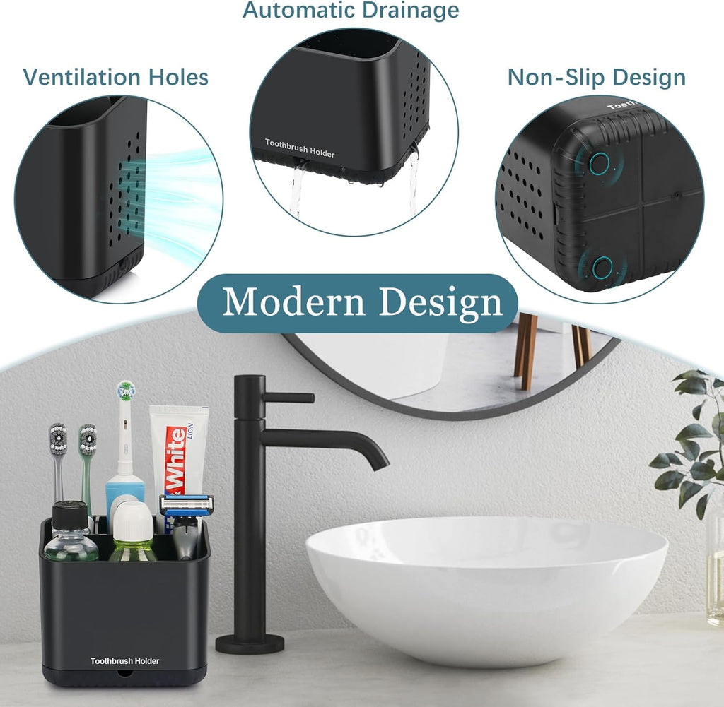 Black Toothbrush Holders for Bathrooms, Kids Electric Toothbrush and Toothpaste Holder, 4 Slots Tooth Brush Holder for Bathroom Countertop Organizer (Black)