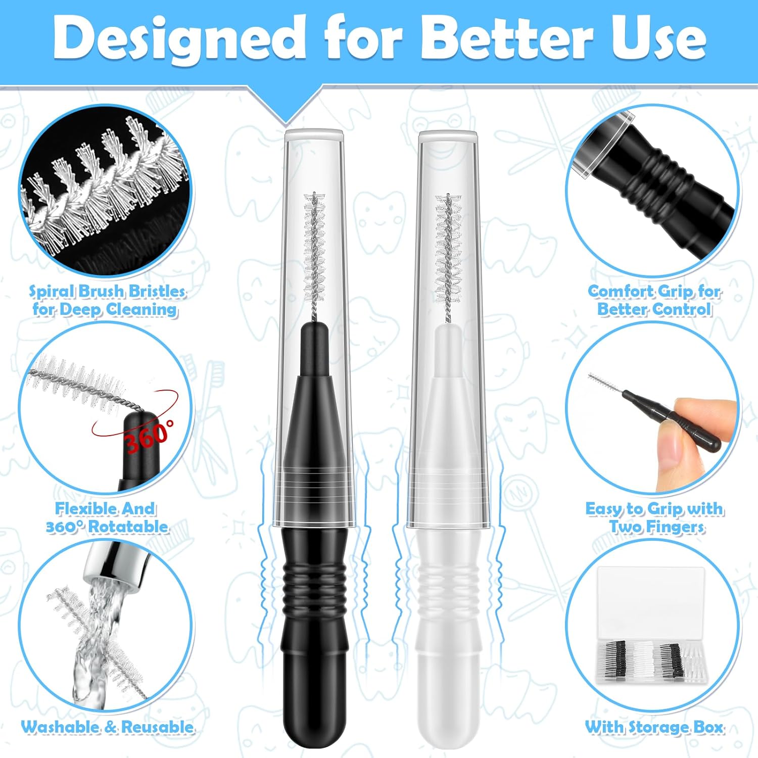 120Pcs Interdental Brushes, 360° Bendable Soft Bristles Braces Flossers Dental Brushes Between Teeth Gum Interdental Brushes for Gum Braces Oral Teeth Cleaning Tool (Black, White)