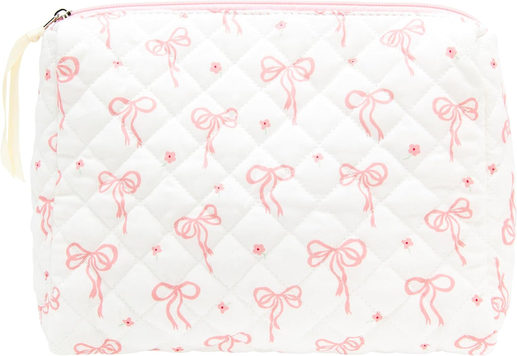 Quilted Makeup Bag Large Travel Zipper Soft Cosmetic Pouch for Women Girls Make Up,Bow Pink